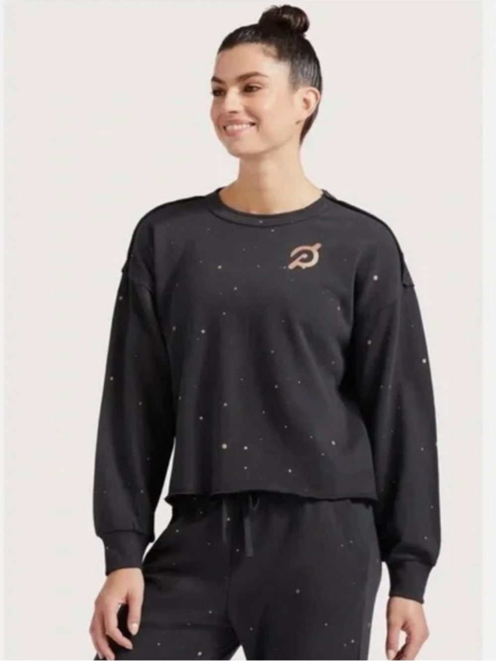 Peloton Shine Gold Speckled Cropped Crew Neck Raw Hem Sweatshirt Size Medium